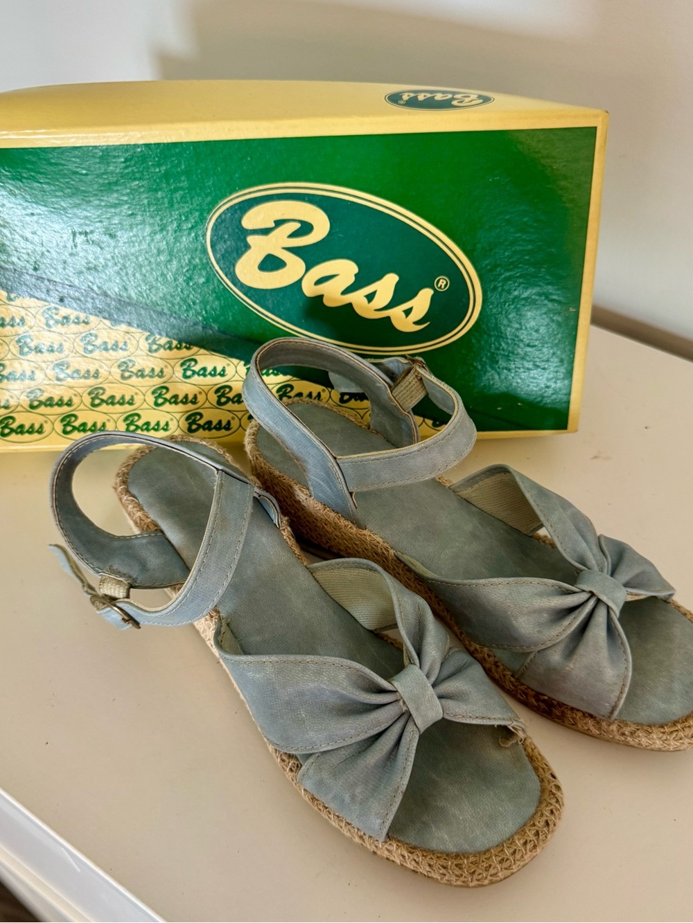 Bass Women's Light Blue Knotted Espadrille Wedge Sandals Vintage Original Box